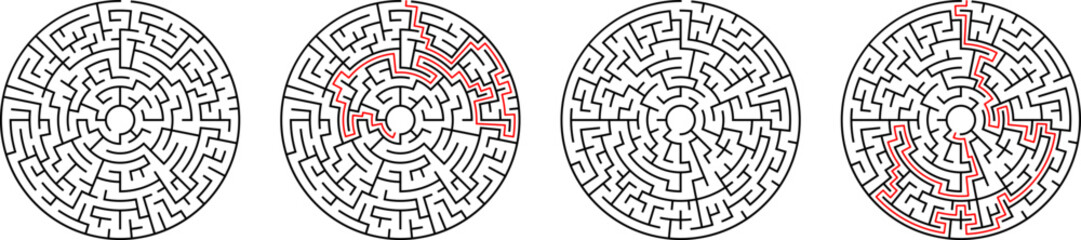Maze Labyrinth for kids with solution. Simple puzzle logic game. Round circle mazes riddle