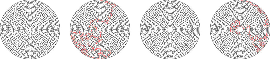 Maze Labyrinth for kids with solution. Hard puzzle logic game. Round circle mazes riddle