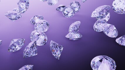 Shiny Diamonds on black-purple surface background. Concept 3D CG of luxury living, expensive things and high added value.