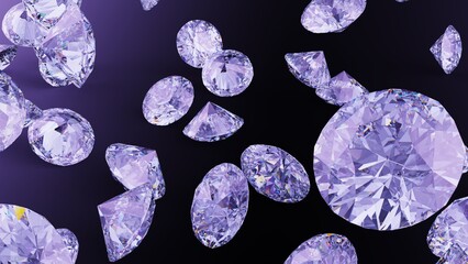 Shiny Diamonds on black-purple surface background. Concept 3D CG of luxury living, expensive things and high added value.