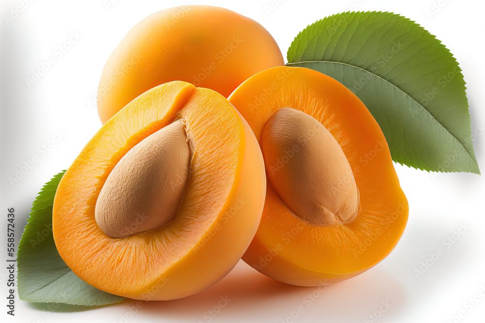 Poster apricots. apricot extract. sliced apricots on white background. ripe apricots by using a clipping pa