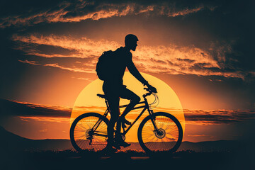 Obraz premium The shape of a guy riding a bicycle against the backdrop of the sunset or the silhouette of a cyclist against the gorgeous sky and sun. Generative AI