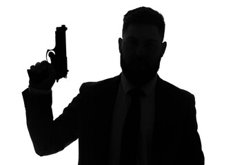 Silhouette of young man with gun on white background