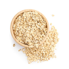 Obraz na płótnie Canvas Bowl of raw oat flakes on white background