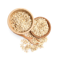 Bowls with raw oat flakes on white background