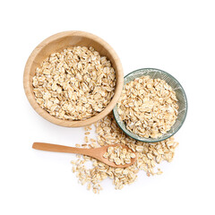 Bowls with raw oat flakes on white background