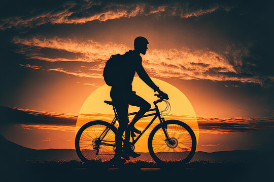 The shape of a guy riding a bicycle against the backdrop of the sunset or the silhouette of a cyclist against the gorgeous sky and sun. Generative AI