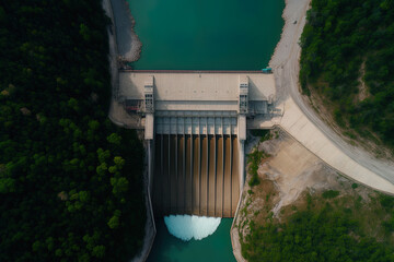 Drone aerial image of hydroelectric dam or hydro power facility at water reservoir. hydropower used to drain water via a gate. Generative AI