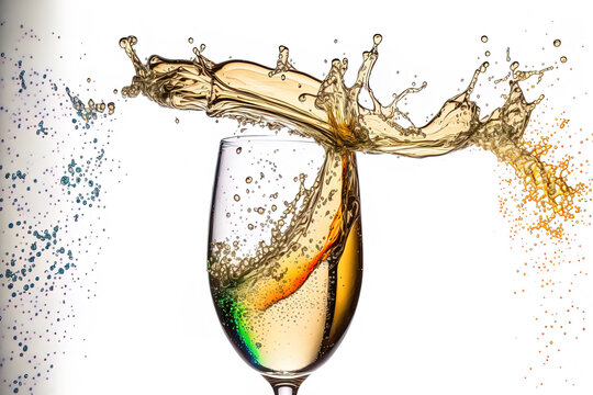 Champagne toast with glass splashing out, isolated on white backdrop. Generative AI