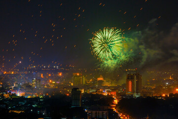 New year fireworks in the city on new year night. Chiang Mai City in Thailand