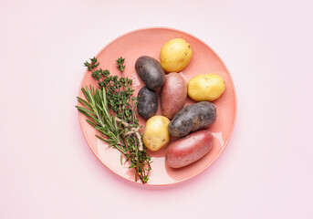 Plate with different raw potatoes and herbs on pink background