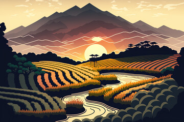 Terraced rice fields in Asia's highlands Paddy plantation and cascades farm amid a sun cartoon scene on Mount Rocks. Generative AI