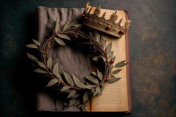 flat lay of a bible and a crown of thorns. Generative AI