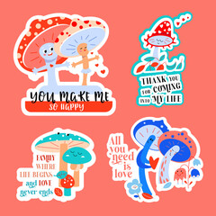 Love lettering set. Cute romantic mushrooms with hearts for a Valentine's Day card. Calligraphy and cartoon composition for February 14th. Flat isolated vector illustration. You make me so happy.