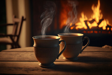 Two cups of steaming hot tea in front of fireplace. Generative AI.