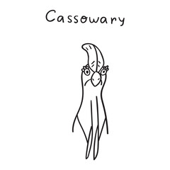 Funny Cassowary bird. Hand drawn outline vector illustration on white background.