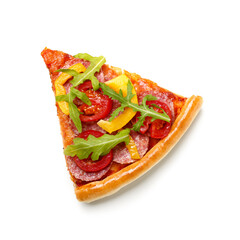 Slice of pizza with arugula on white background