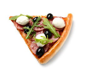 Slice of pizza with arugula and mozzarella on white background