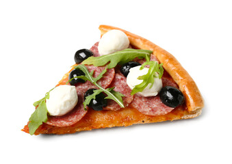 Slice of pizza with arugula and mozzarella on white background