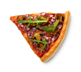 Slice of pizza with arugula and mushrooms on white background