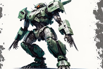 Standing on a white backdrop is a futuristic mech soldier. Military robot from the future with a metal finish in green and gray. operated by a pilot mech. Robot with scraped metal armor. mech conflict