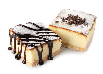 Pieces of delicious cheese pie with chocolate on white background