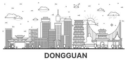 Outline Dongguan China City Skyline with Historic and Modern Buildings Isolated on White. Vector Illustration.
