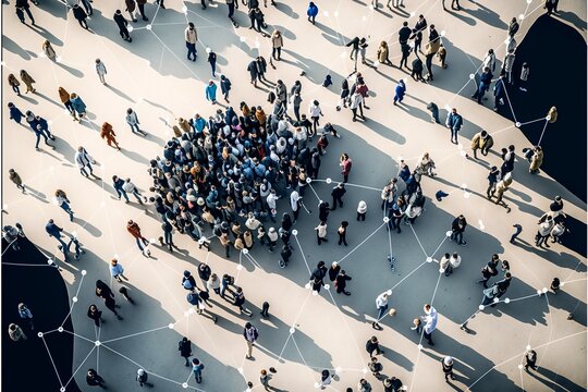 Aerial View Of Crowd Connected By Lines