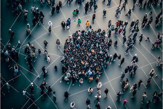 Aerial View Of Crowd Connected By Lines