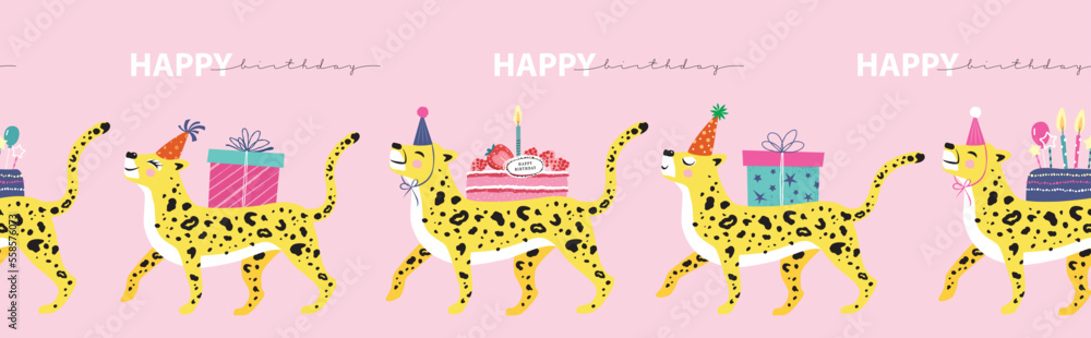 Wall mural Fun party leopards with presents and cakes vector illustration.