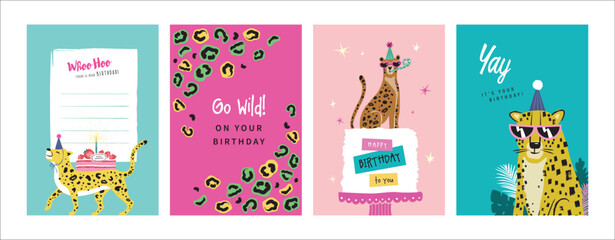 Set of birthday greeting cards with leopards, cake and leopard's pattern texture.
