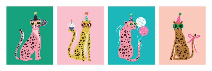 Fun party leopards with balloons and cakes vector illustration.
