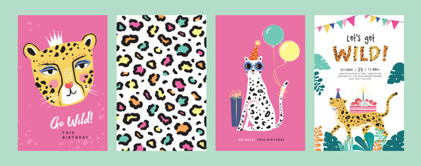 Set of birthday greeting cards with leopards, cake, balloons and leopard's pattern texture.