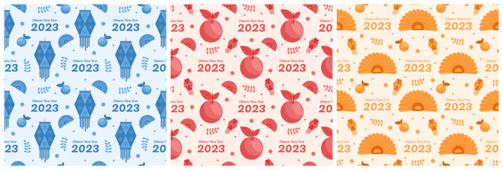 Set of Chinese Lunar New Year 2023 Day Seamless Pattern Decoration Template Hand Drawn Cartoon Flat Illustration