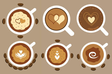 Coffee cup top view vector illustrations set