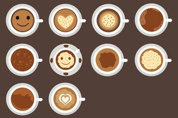 Coffee cup top view vector illustration set