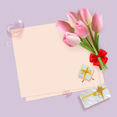 Bouquet frame of pink tulips and gift tied with gold ribbon, purple background