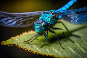Blue dragonfly in close up on a leaf with a backdrop that is fuzzy. Generative AI