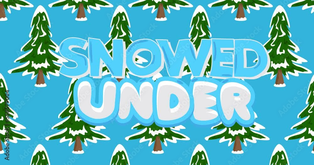 Poster dancing winter pine tree pattern with snowed under text. cartoon animation background video.