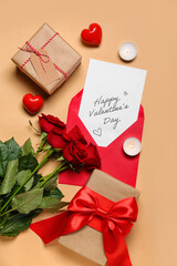 Card with text HAPPY VALENTINE'S DAY, roses and gifts on beige background
