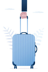 Obraz premium Traveler han hold suitcase. Businessman with luggage. Vacation, travel concept, vertical banner. Hand baggage. Male passenger with baggage.