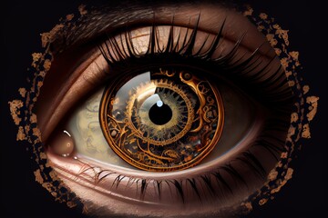 Generative AI illustration of clockwork in an eye, temporal vision, close focus