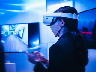 Woman wearing Vr glasses Virtual Reality E Sport Technology game entertainment