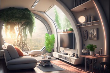 Generative AI illustration of comfy living room from the year 2050, Scandinavian Japanese sci-fi design - obrazy, fototapety, plakaty