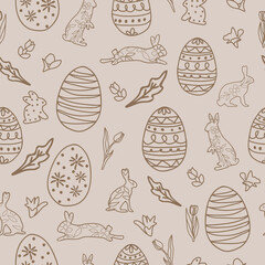 Easter eggs and bunnies doodle seamless pattern