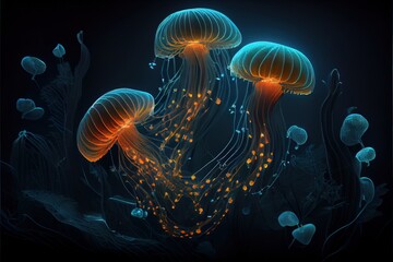 Generative AI illustration of glowing sea jellyfishes on dark background