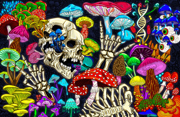 Psychedelic and hallucinogenic neon mushrooms. Skull and bones on a bright colorful background. Drugs, hallucinations. Amanita and other mushrooms. Texture background for creativity and advertising - 558580025