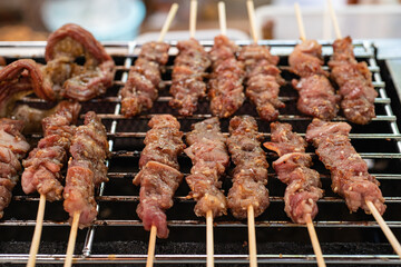 delicious bbq kebab grilling on an open grill, outdoor kitchen. food festival in the city. tasty food roasting on skewers, food court. summer picnic