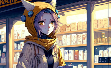Fototapeta na wymiar An Anime style young girl buying medicines from a shop. Wearing face mask. Generative AI.
