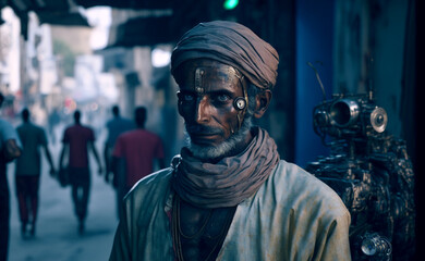 Obraz na płótnie Canvas An advanced humanoid realistic robotic man on the street of mumbai. Generative AI.